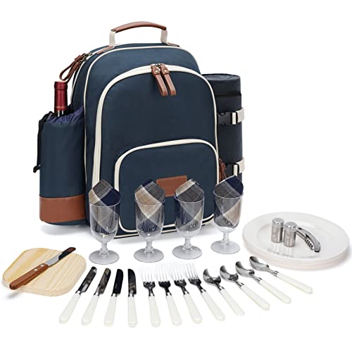 HappyPicnic Isolierter Picknick-Rucksack für 4 Personen mit vollem Edelstahl-Besteck-Set, geräumigem Kühlfach, Flaschenhalter und großer wasserdichter Matte als Geschenk, Blau, Rustical