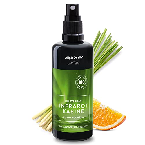 AllgäuQuelle® BIO Infrarotkabine Duftspray mit 100% Bio-Öle. Allgäuer Erfrischung Lemongrass Orange Bergamotte (100ml). Natürlicher Infrarotsauna-duft m. ätherische Öle. BIO Infrarotkabinen-Duftöl