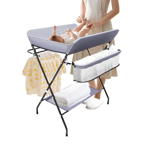 LIAIZE Baby Wickelkombi, 80 * 63 * 96cm Mobiler Wickeltisch, Klappbare Wickelaufsatz, Wickelkommode mit Sicherheitsgurt, Ablagefächern und Untere Ablagefläche