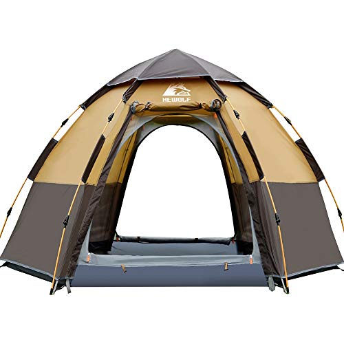 HEWOLF Camping Zelt 3-4 Personen Kuppelzelt Wasserdicht UV-Schutz Pop Up Zelt Doppelschicht Wurfzelt Sechseckiges Sekundenzelt Großes Familienzelt mit Regenfliege Tragetasche Braun