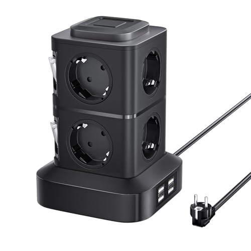 OLEKE 8 Fach Steckdosenleiste 4 USB Mehrfachsteckdose Steckdosenturm Multi Steckdosen Steckerleiste Verlängerte Kabelüberspannungs- und Kurzschlussschutz-Netzteilplatine