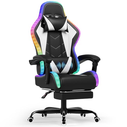 Devoko LED Gaming Stuhl mit Massage, Computerstuhl mit Fußstütze und Massage-Lendenkissen, Racing Gamer Stuhl Ergonomisch mit Verstellbare Kopfstütze, Bürostuhl Gaming Stuhl 130 kg belastbarkeit, Weiß