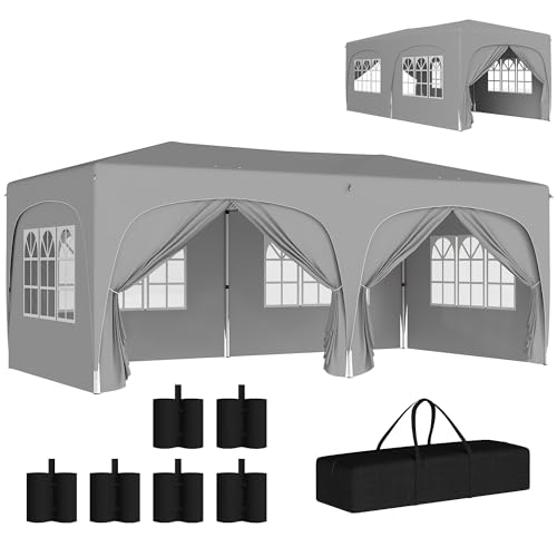 Outsunny Pavillon ca. 3x6m, wasserabweisend Stabil Winterfest Pop-up Faltpavillon, UV Schutz 50+, Faltbar Partyzelt Gartenzelt mit 6 Seitenteilen Tasche Gartenpavillon für Camping Garten, Hellgrau