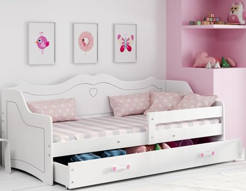 Interbeds Kinderbett Mädchen Jugendbett 80x160 cm rosa weiß mit Rausfallschutz & Schublade Prinzessin Kinder Sofa Couch Lattenrost Bett umbaubar