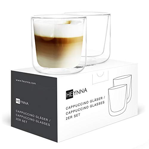 HEYNNA® Cappuccino Gläser dickwandig aus Borosilikatglas, spülmaschinenfest - Doppelwandige, doppelglas Kaffeegläser für heiße Getränke - 2 x 200 ml