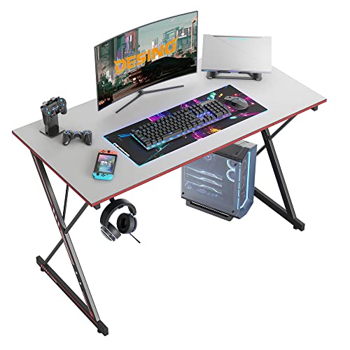 DESINO Gaming Schreibtisch, 100 x 50 cm Ergonomischer Computertisch, Tisch mit Kohlefaseroberfläche, stabiles Kopfhörerhaken zum Spielen, Lernen, Zuhause, Schlafzimmer, Grau
