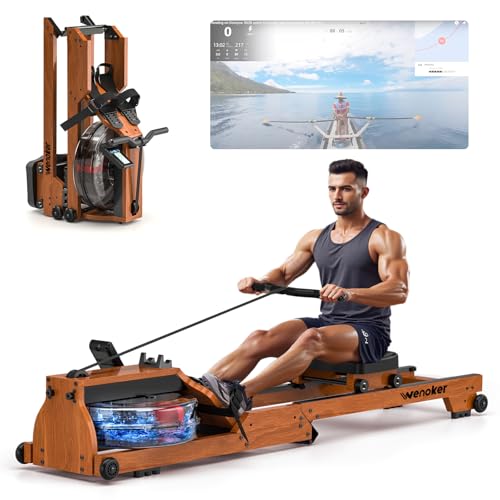 Wenoker Rudergerät Wasser für Zuhause aus Massivholz, Rudergerät klappbar mit Bluetooth Display, Hochwertige Holzkonstruktion, Doppel-Slide-Rails, Max 150kg Belastbar