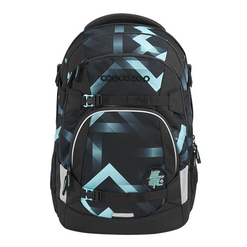 coocazoo Schulrucksack Mate „Laser Lights”, schwarz-türkis, ergonomischer & anpassbarer Tornister, höhen- & größenverstellbar, mit Brustgurt & Hüftgurt, ab der 3. Klasse