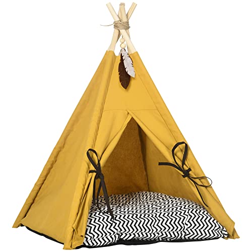 PawHut Tipi-Zelt für Haustiere, Tierbett im Tipi-Design, Katzenzelt mit Kissen, Katzenhaus mit rutschfestem Boden Spielball, Hundebett zum schlafen, Katzenbett, Kiefernholz, Indoor, Gelb