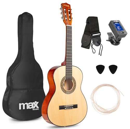 MAX SoloArt - Gitarre 3/4 Kindergitarre ab 6 jahre, Junior Akustik Gitarre inkl. Tasche, Plektrum, Gurt und Saiten-Zubehör, 3/4 Gitarre Kinder ab 6 Jahren, Guitar in Natur Holz