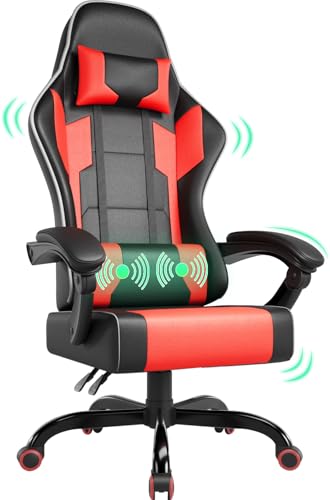 Airfish Bürostuhl Ergonomisch Gaming Stuhl Massage Gaming Sessel mit Kopfstütze Massage-Lendenkissen, Gepolstert Gaming Chair, Drehsessel,150kg Kapazität,Schwarz-rot