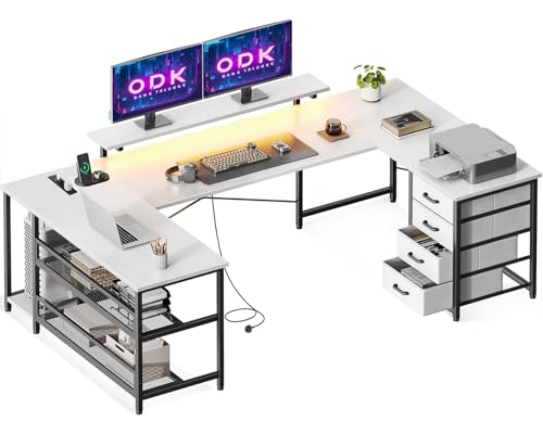ODK Eckschreibtisch mit 4 Schubladen&Stauraum, Reversible Eckschreibtisch mit 2 Steckdosen und 2 USB Ladeanschluss, Gaming Schreibtisch mit LED&Monitorständer für Home Office, 167×102cm, Weiß