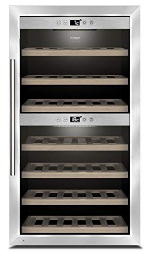 CASO WineComfort 66 | Weinkühlschrank für 66 Flaschen | 2 Zonen auf 5-20°C einstellbar, Touch, LED beleuchtet freistehend, UV-Filterglas, edelstahl