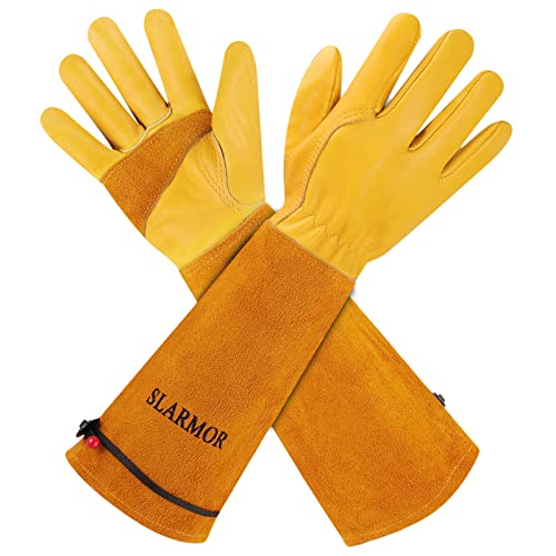 SLARMOR Gartenhandschuhe aus Leder für Damen und Herren - Dornensicher zum Beschneiden von Rosen, mit Unterarmschutz, Lange Rindsleder Arbeitshandschuhe für Garten und Haushaltsaufgaben