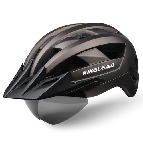 KINGLEAD Fahrradhelm für Erwachsene Herren Damen mit USB-aufladbare LED-Licht, magnetischer Goggle und Abnehmbarer Visier, Mountainbike Helm Radhelm Rennradhelm