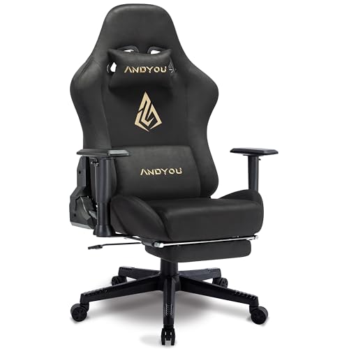 Andyou Gaming Stuhl, Ergonomischer Gaming Stuhl mit Fußstütze, Atmungsaktiver PC Stuhl mit verstellbare Lendenkissen, Kopfkissen und Armlehnen, 150 kg Belastbarkeit Drehsessel, Schwarz