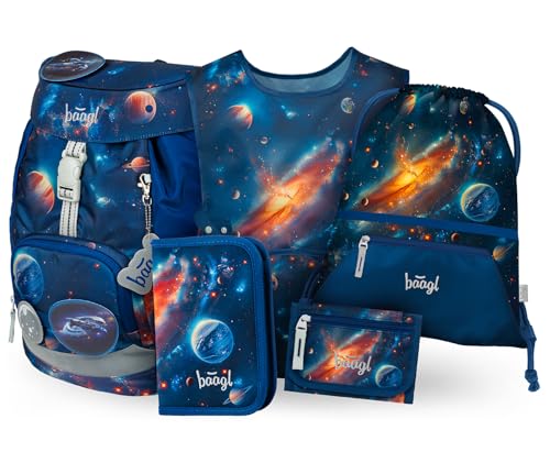 Baagl Schulranzen Jungen Set 5 Teilig (Airy Schultasche für 1. Klasse, Mäppchen, Turnbeutel, Schürze, Brustbeutel), Grundschule Ranzen, Ergonomischer Schulrucksack, 16,5 l (Weltraum)
