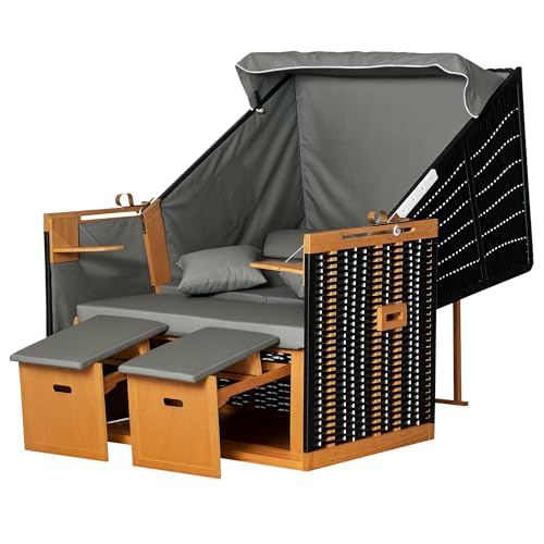 Outsunny Strandkorb 2 Sitzer Volllieger Doppelte Sonnenliege mit Dach Gartenliege Getränkehalter Chaiselounge PE Rattan Hellgrau 118 x 79 x 160 cm