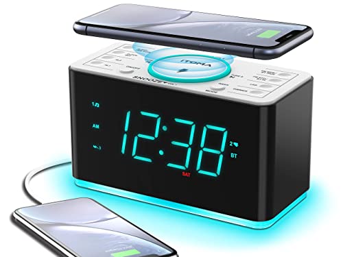 Radiowecker mit USB-Ladegerät, Bluetooth-Lautsprecher, Kabelloses Laden, Dual Wecker, LED Nachtlicht Dimmbare Anzeige Smart Clock mit elektronischer Wecker iTOMA CKS207