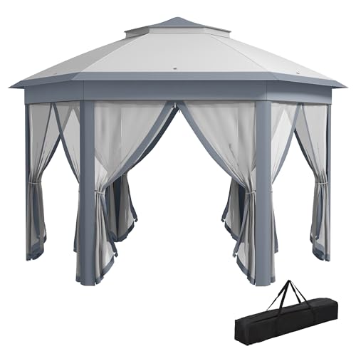 Outsunny Gartenpavillon Faltpavillon 4 x 4 m Pop-Up-Zelt Partyzelt inkl. Tragetasche 6 Seitenteile Doppeldach sechseckig Grau