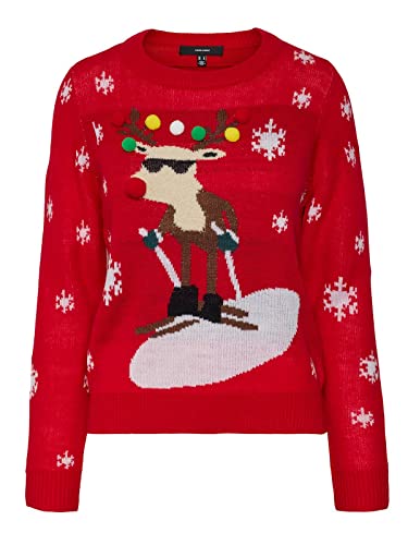 VERO MODA Damen Weihnachts Strick-Pullover VMRudolf Rentier mit Bommeln Weihnachten 10271661 Chinese red M