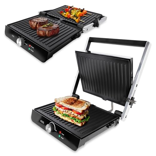 ADE Kontaktgrill 2.000 Watt | antihaftbeschichteter Sandwichmaker 3 in 1 | Paninitoaster & Tischgrill elektrisch 180° aufklappbar | für Sandwiches, Toast, Steaks, Gemüse, Panini | Edelstahl