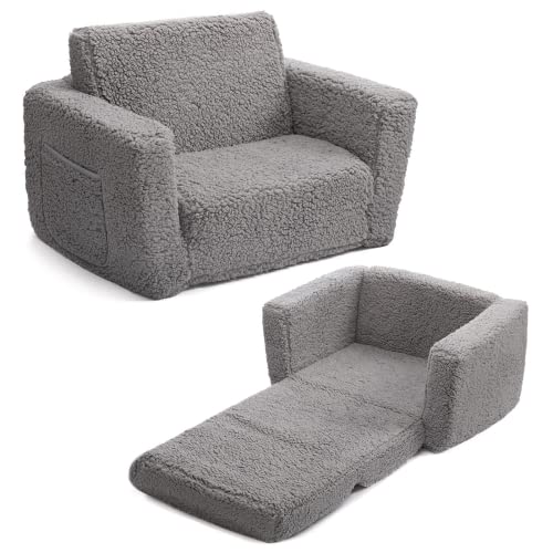 BEJOY Kindersofa Aufklappen 2 in 1 Schlafsofa, Kindersessel, Sherpa Kinder Couch Ausklappbar Kinder Sofa für Kinderzimmer Kindertags- und Geburtstagsgeschenk für Mädchen und Jungen, Grau