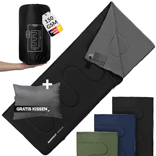 Deckenschlafsack [150 GSM], Sleeping Bag Camping, Schlafsäcke Erwachsene kleines Packmaß, Schlafsack Outdoor für 3-4 Jahreszeiten, Sommerschlafsack leicht & kompakt, mit Kissen, schwarz