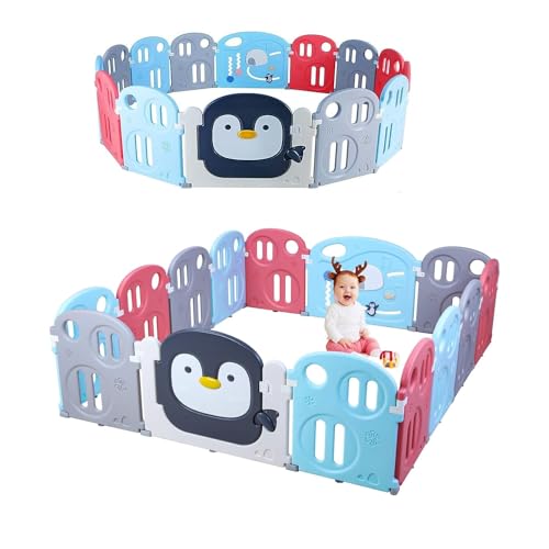 Baby Laufstall 200x180 cm, Laufgitter Baby, Krabbelgitter Erweiterbar, Indoor & Outdoor Playpen, Kleinkinder Laufställe, Kunststoff Absperrgitter, 14 Paneele, Bunt