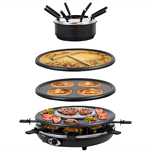 Syntrox Waadt 4 in 1 Raclette Grill Fondue Heißer Stein für 8 Personen, Edelstahl Design