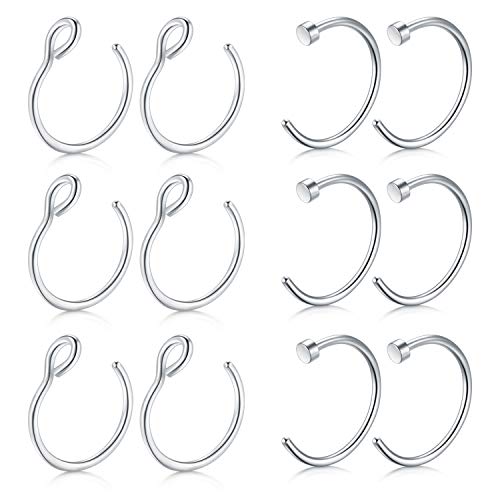 Mayhoop 12Stk 20G 8mm Nasenpiercings Fake Nasenring Silber Edelstahl Fake Piercings Nase Face Piercing Nase Lippe Ohr Ring Hoop für Männer Damen