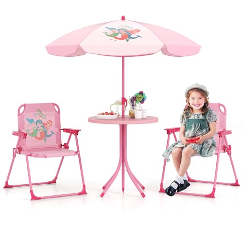 DREAMADE Kindersitzgruppe mit Sonnenschirm, Kindertisch mit 2 Klappstühlen, Kinder Picknicktisch mit höhenverstellbarem Schirm & niedlichem Muster, Kinder Gartenmöbel für Indoor & Outdoor (Rosa)