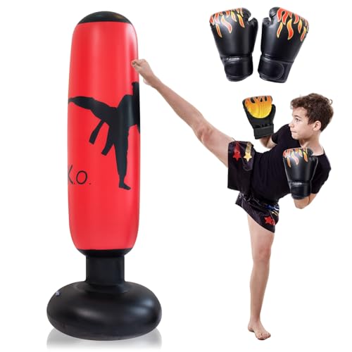 160cm Aufblasbarer Standboxsack, Boxsack Kinder mit Boxhandschuhe, Tragbares Boxsack für Kinder, Weichheit und Komfort Aufblasbarer Boxsack, Standboxsack für Üben Boxen Karate Taekwondo, Unisex (C)