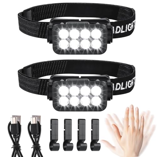 Stirnlampe LED Wiederaufladbar 2 Stück, Superhell 2500 Lumen 5 Lichtmodi Leichtgewichtig IPX6 Wasserdicht Leicht Sensor Kopflampe,Stirnlampen für Outdoor Camping Laufen Angeln,für Kinder Erwachsene