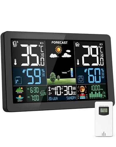 Wetterstation Funk mit Außensensor, Farbdisplay, Wettervorhersage, Temperatur, Luftfeuchtigkeit, Wecker mit Schlummerfunktion, Luftdruck,60m Übertragungsentfernung, für Innen und Außen, Schwarz