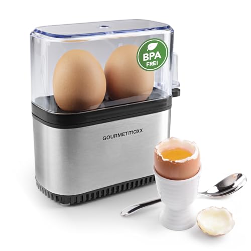 GOURMETmaxx Design Eierkocher für 2 Eier | kompakter Egg Boiler | Egg Cooker mit Eierstecher, Messbecher & Signalton | 3 Härtegrade | leichte Reinigung & spülmaschinenfeste Teile