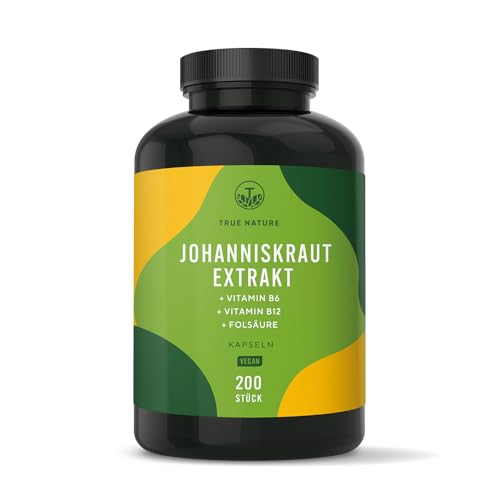 Johanniskraut Kapseln hochdosiert - 200 Kapseln mit Vit. B6 (trägt zu einer normalen psychischen Funktion bei) sowie Folsäure & B12 - natürliches Hypericin & Hyperforin - Made in Germany - TRUE NATURE
