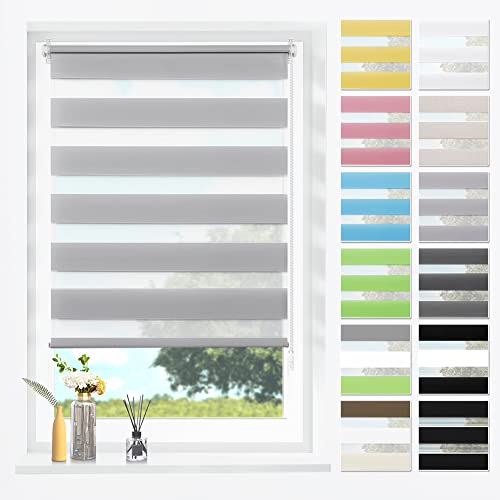 SBARTAR Doppelrollo Klemmfix Duo Rollos für Fenster ohne Bohren & zum Bohren, Grau B50 x H150 cm (Stoffbreite 46 cm), Lichtdurchlässig, Klemmrollo, Fensterrollo, Zebrarollo