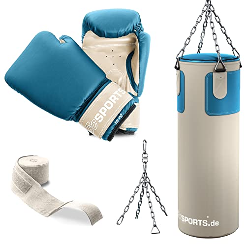 ScSPORTS® Boxsack - Set, 25kg, Gefüllt, mit Boxhandschuhen (12oz), Bandagen, Nylongurt, Tasche, PVC, Beige - Boxset, Boxsack-Set, Box-Set für Zuhause, Erwachsene, Boxing, Kickboxen, Boxen