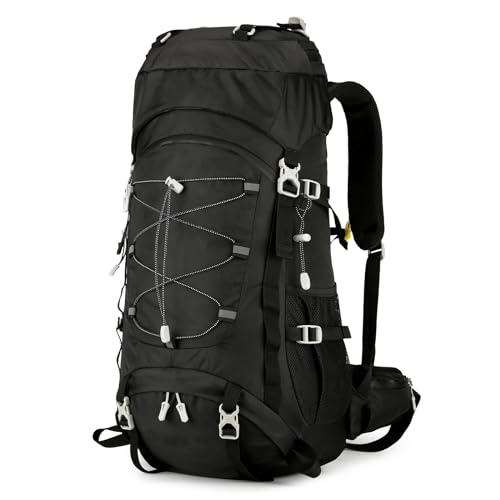 Outplea Wanderrucksack 60l Herren Damen, Bequem Trekkingrucksack mit Regenschutz, Wasserdichter Reiserucksack für Camping Wandern Bergsteigen, Schwarz