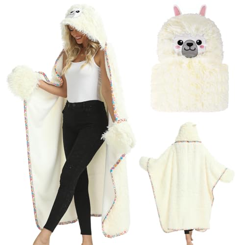 Alpaka Geschenke für Frauen Tragbare Decke mit ärmeln und Kapuze, Cartoon Alpaka Sofadecke Kuschelig Coral Fleece Kuscheldecke Flauschig, 150 * 130cm