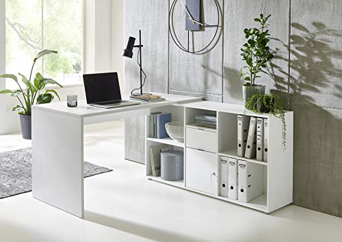 Eckschreibtisch Lena in Weiß mit abschließbarer Tür, Computertisch, Winkelschreibtisch, Homeoffice, Bürotisch, Made in Germany