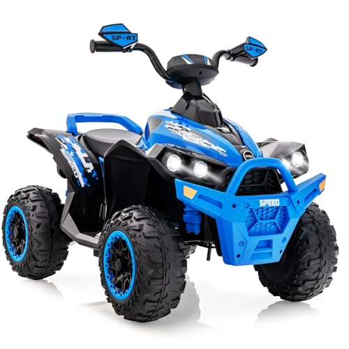 GOPLUS 12V Elektrische Kinderquad, Kinderfahrzeug mit LED-Scheinwerfern, Musik & Hupe, Elektroauto mit 4 rutschfeste Räder & langsamer Start, für Kinder 3–8 Jahre alt, bis 35 kg Belastbar (Blau)