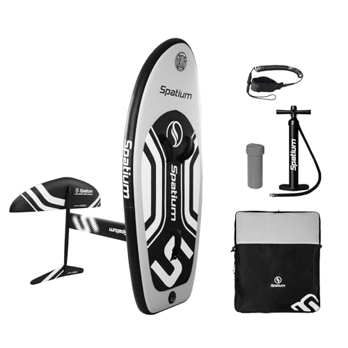 Spatium Hydrofoil Surfbrett mit Pumpe, Rucksack, sicherer Gurt und Befestigungsset, 100 l, Hellgrau