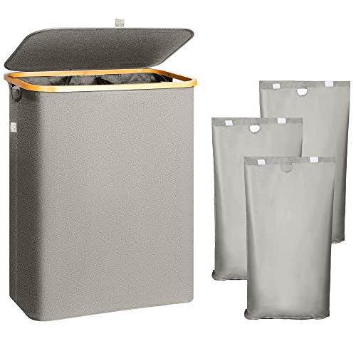 AdelDream 160L Wäschekorb mit Deckel 3 Fächer Wäschekorb Wäschesack schmal - Wäschesortierer Wäschebox Wäschetonne Wäschesammler mit Deckel Wäschetruhe Wäschekörbe laundry baskets grau