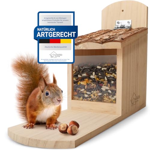 WILDLIFE HOME Eichhörnchen Futterhaus stabil aus Massivholz mit Rindendach - Wetterfest, Eichhörnchenhaus, Futterstation zum Eichhörnchen füttern, Eichhörnchenfutterhaus