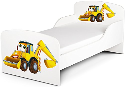 Leomark Funktionsbett aus Holz - Gelber Bagger - Kinderbett mit Matratze, Holzbett mit Seitenschutz Lattenrost, Komplett Set für Kinderzimmer, Liegefläche 70/140 cm, UV-Druck