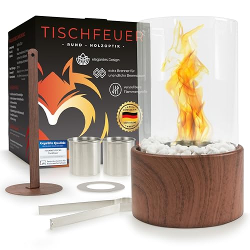 Flammenfuchs® einzigartiger Tischkamin in edler Holzoptik - Tischfeuer XXL-Set für Indoor & Outdoor - Bio Ethanol Tischkamin - unendliche Brenndauer - Ethanol Kamin mit Verstellbarer Flamme – Kamin