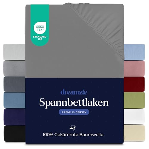 Dreamzie Premium Spannbettlaken 180x200 cm, Spannbetttuch für Dicke Matratzen bis zu 27 cm, Bettlaken 100% Jersey Baumwolle, 150 g/m², Oeko-TEX Zertifiziert - Anthrazit