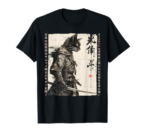Japanese Ukiyo-e Samurai Cat Warriors - Anime Samurai Cat Warrior T-Shirt - Schwarz - S - Unisex-Erwachsene - Kurzarm - Crew-Ausschnitt - Retro - Anime Fans, Alle Altersgruppen, Unisex